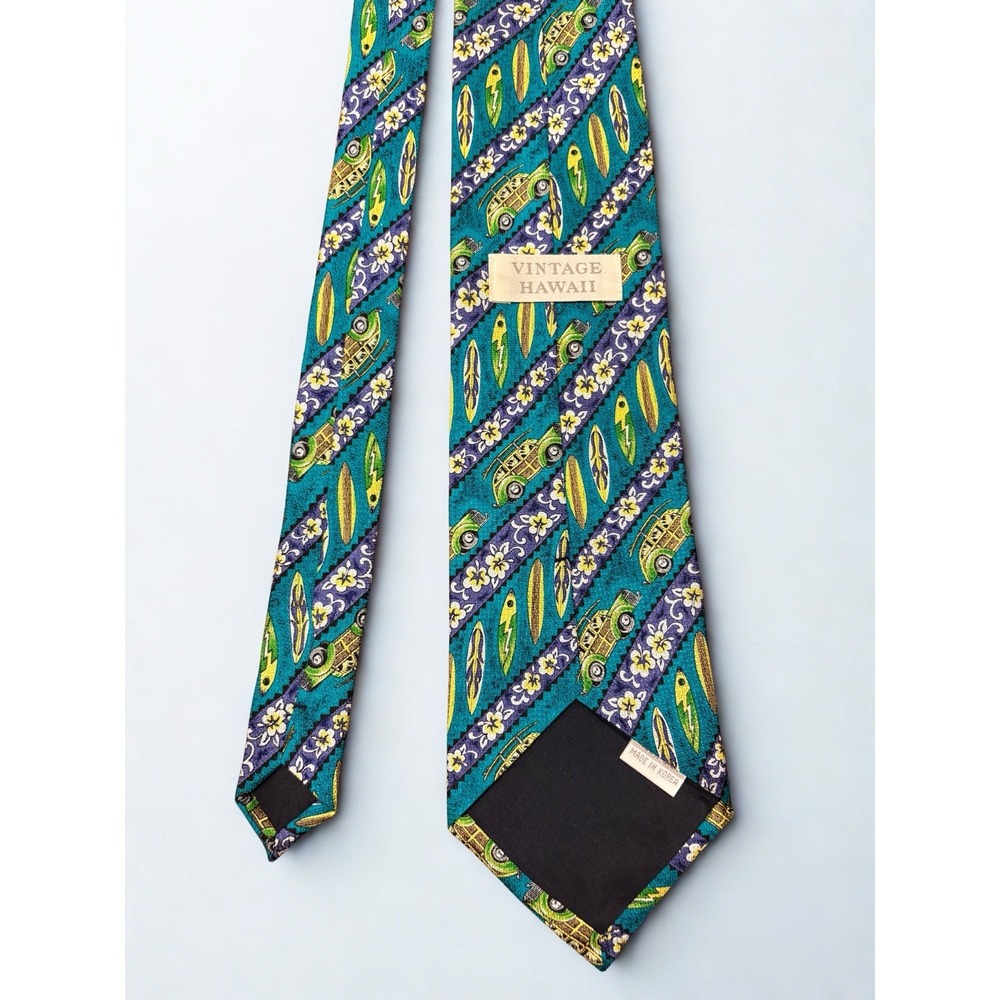 Vintage Hawaii Surf Tie 100% Silk Surf Board Vintage Car FUN RETRO Blue/Green - Picture 2 of 5